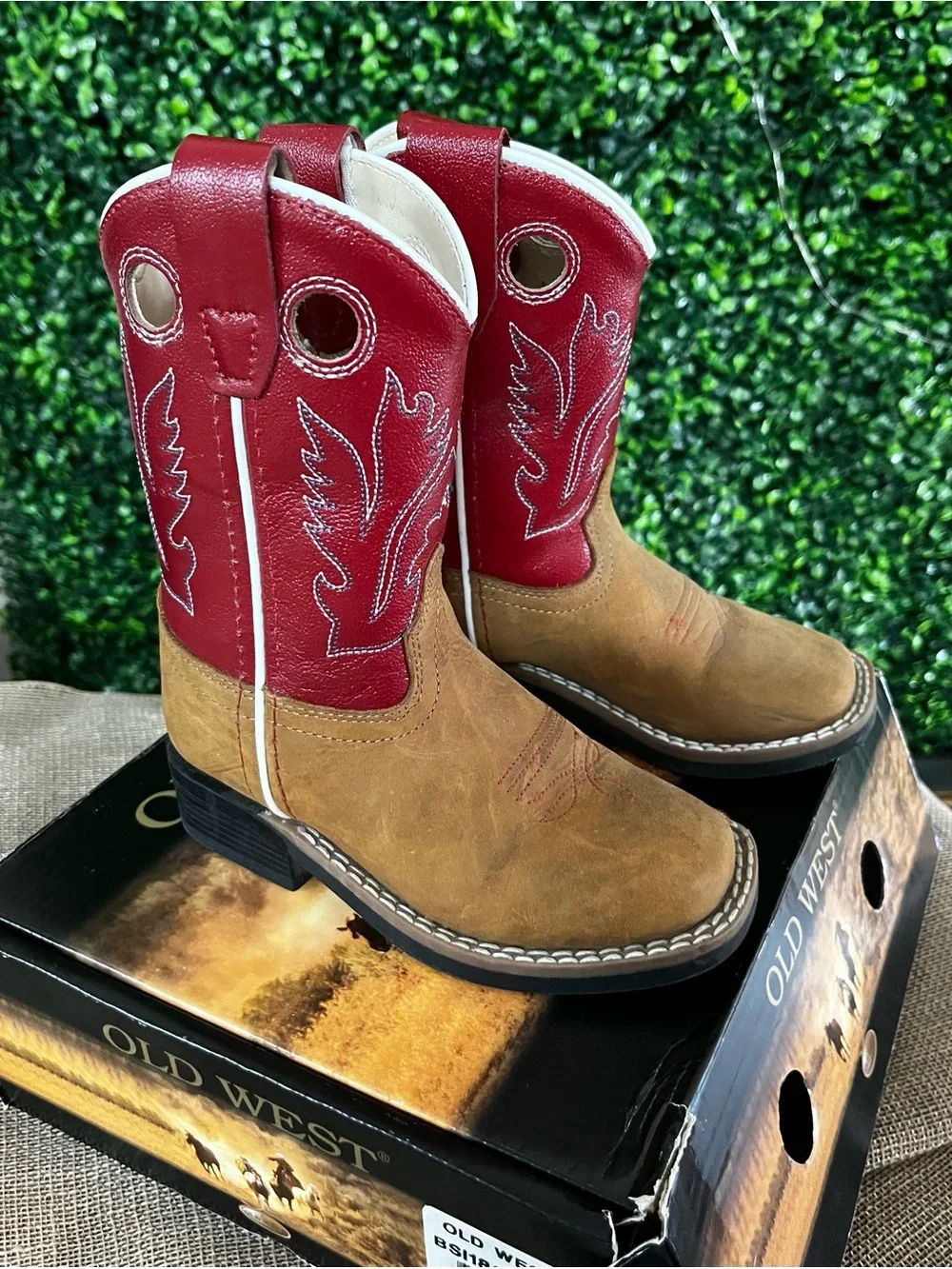 Old West Kids Tan and Red Western Pull-On Boots